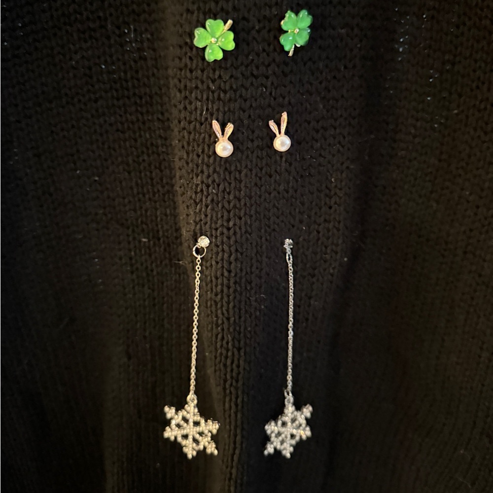 Charming Trio of Earrings - Clovers, bunnies, Sparkly snowflakes